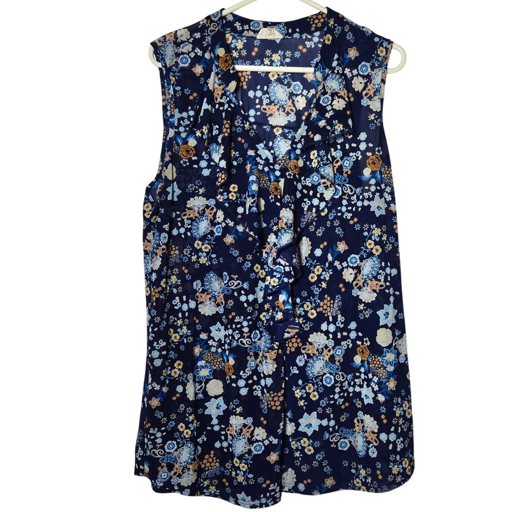 Siren Lily Women Blue Floral Mesh Ruffle Front Sleeveless Tank Top 3X Boho Sheer